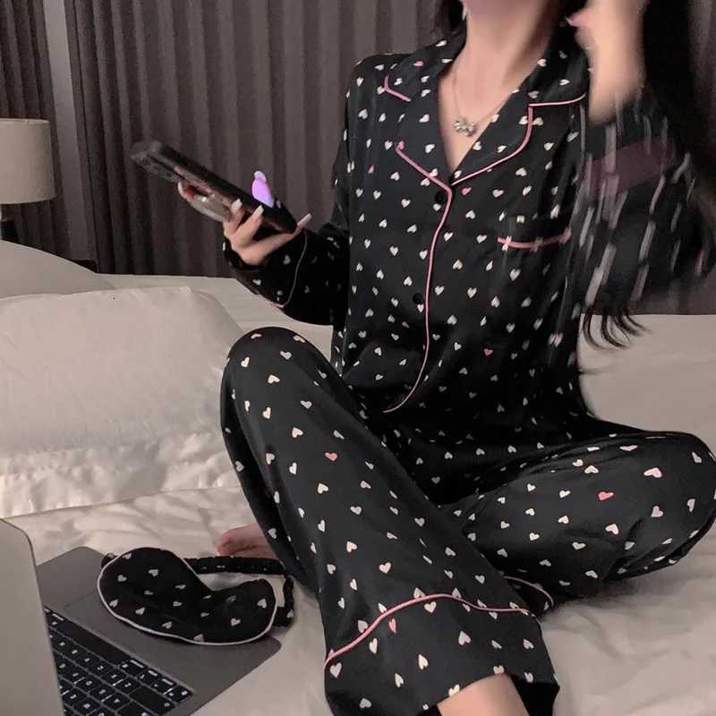Women Heart Graphic Print Ice Silk Cardigan Lapels Long Sleeve Trousers Pajamas Student Loungewear Sleepwear Europe and AmericaT251029
