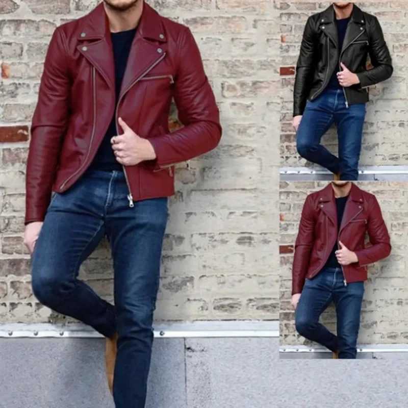 New Jacket Fashion Autumn Winter Men Leather Long Sleeve Lapel Clothing Casual Loose Male Fit Motorcycle Jacket Coat with ZipperT251029