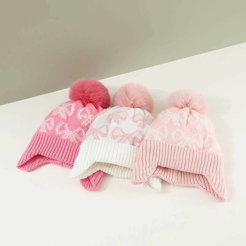 Children Girl Pink Bow Plsuh Beanies Winter Warm Baby Ear Protection Hat Velvet Lining Earmuffs Cap 15year Kids Woolen Knit Hat251028