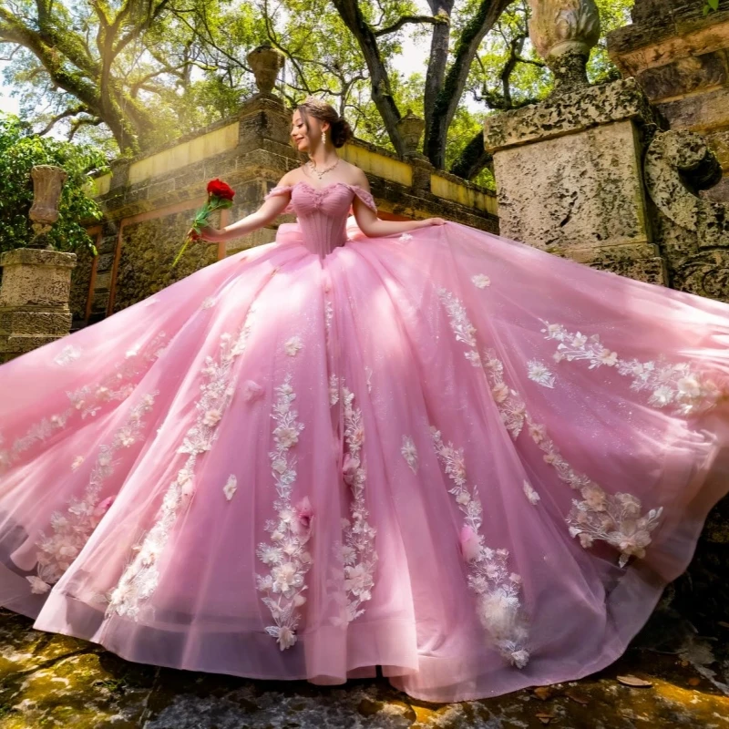 Pink Shiny Ball Gown Quinceanera Dresses Off The Shoulder Applique Flower Beads Corset Tull Party Birthday Sweet 16 Dress Vestidos 15 anos