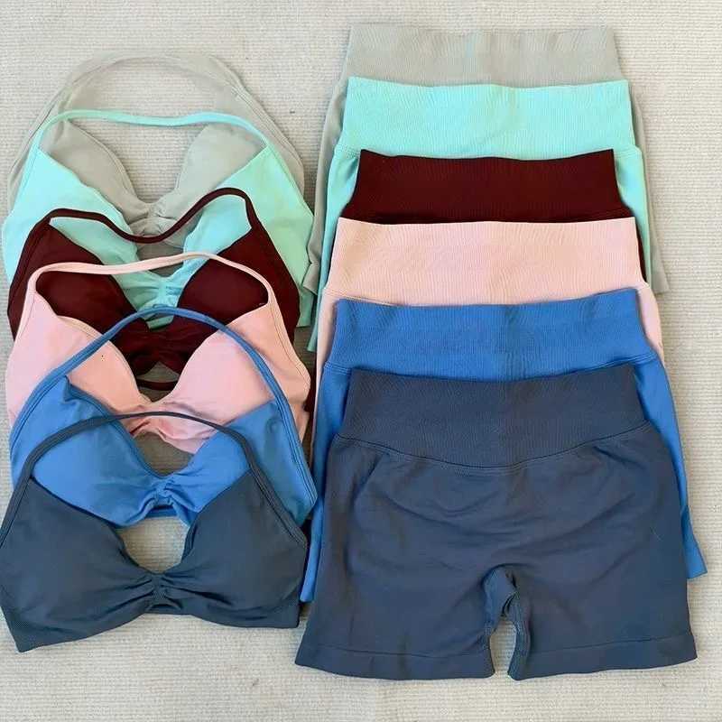 2PCS Yoga Fitness Suit Womens Seamless LaceUp Yoga Bra Top High Waist Workout Scratch Shorts Sports Suit Fitness SuitXJ251029