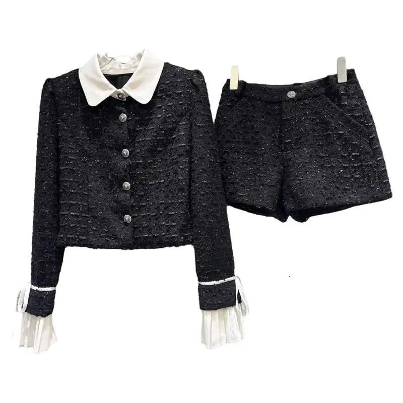 PREPOMP Autumn Contrast Color Collar Bandage Long Sleeve Short Jacket Tweed Shorts Two Piece Set Women Outfits GU939 251029