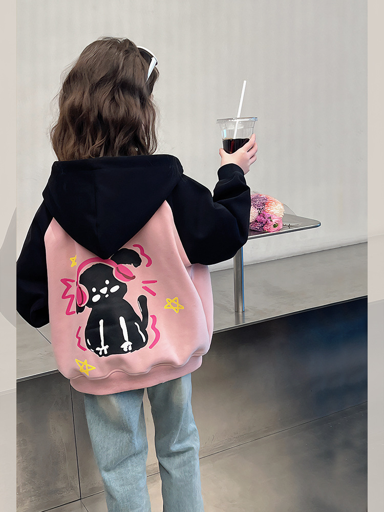 Girls' fashion sports jacket, children's color blocked cardigan, plus size children's hooded jacket, designer new style