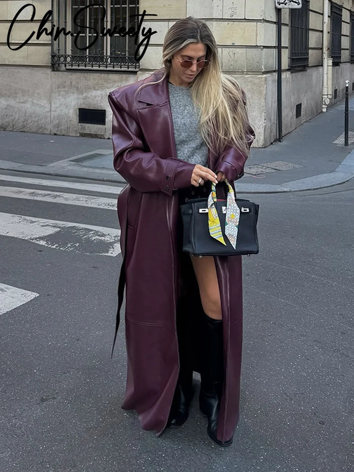 Street Pu Leather Women Long Coat Y2K Solid Belt Lapel Pocket Full Sleeve Female Jacket 2025 Autumn Winter Lady Outwear 251029