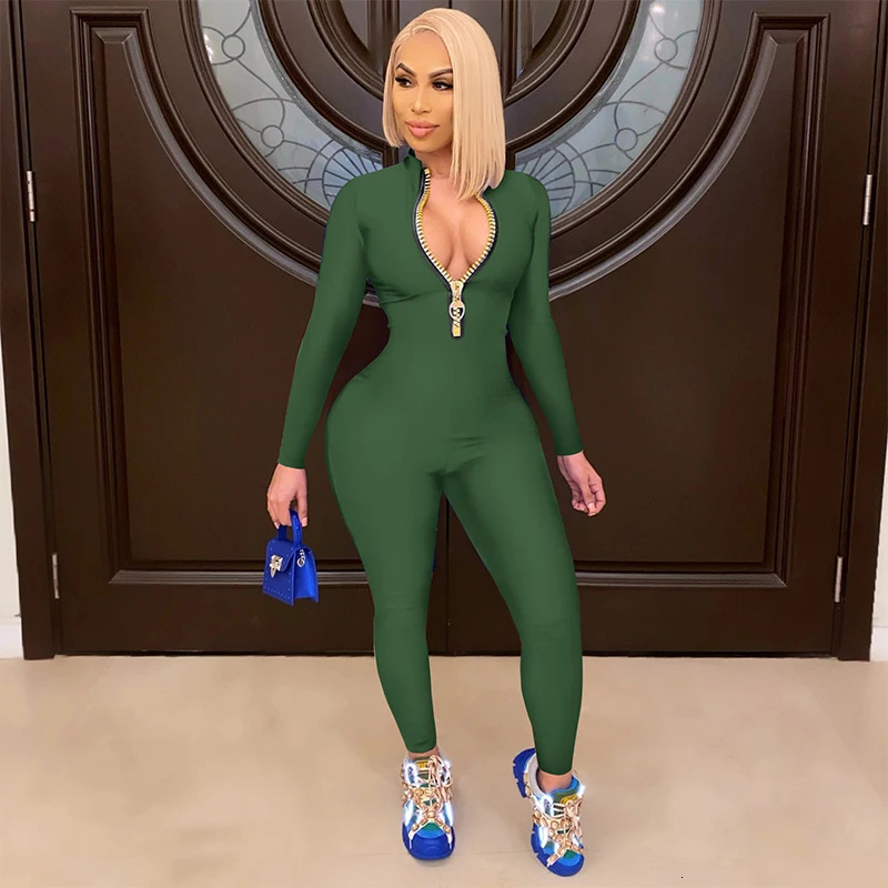 Womens Bodycon Onepiece Jumpsuit Long Sleeved Big Zipper Female Casual Sport Workout Skinny Activity Wear Overalls Tops 251027