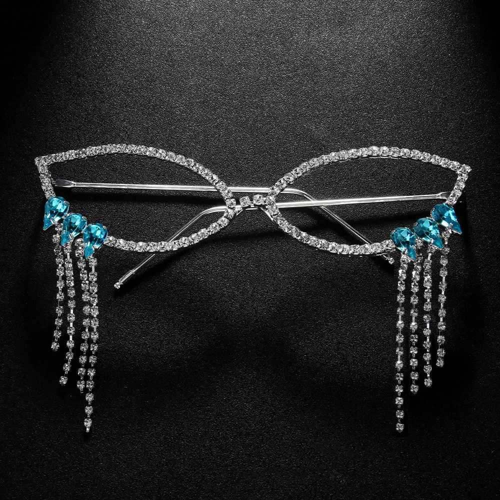 Stonefans Blue Crystal Rhinestone Glasses Frames Jewelry for Women 2024 Fashion Tassel Chain Glasses Frames No lenses W251029