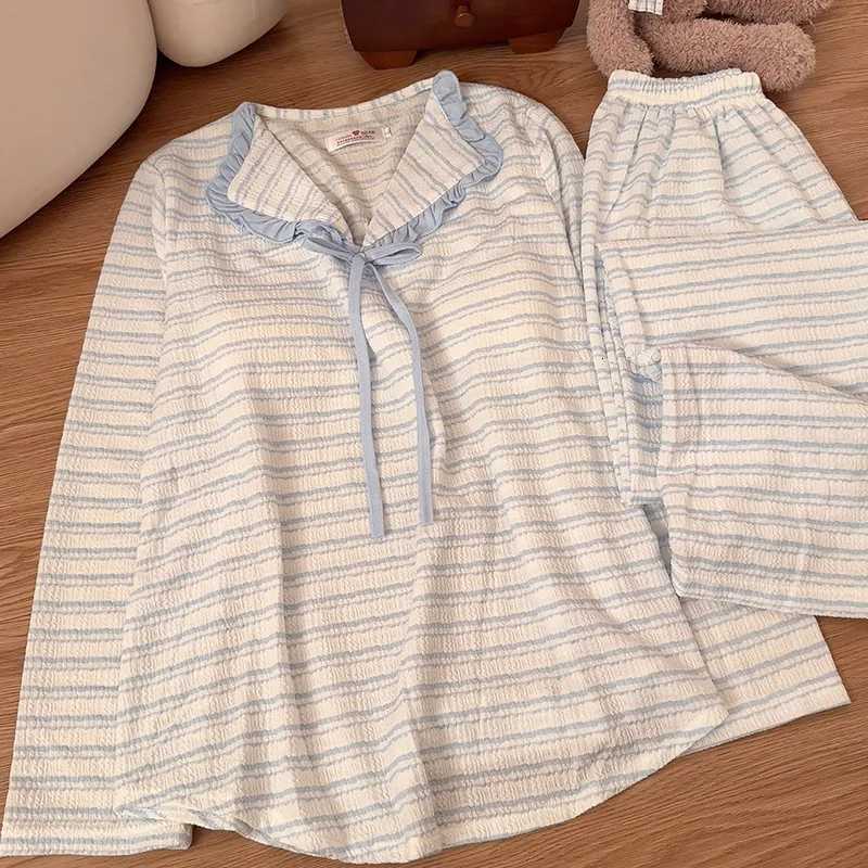 Womens Pajamas Fashion Striped Sleepwear Set Cotton Chest Pad Long Sleeve Tops Trousers Sets Autumn Winter Home Suit For WomenT251029