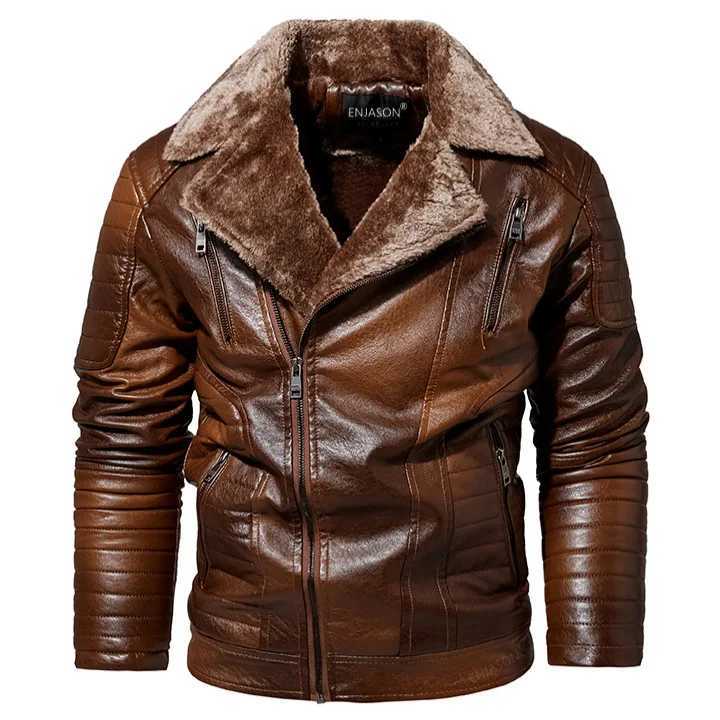 New 2025 Mens Winter Casual PU Leather Fleecelined Lapel Zipper Warm Motorcycle Jackets Male Vintage Jacket Outdoor CoatsT251029