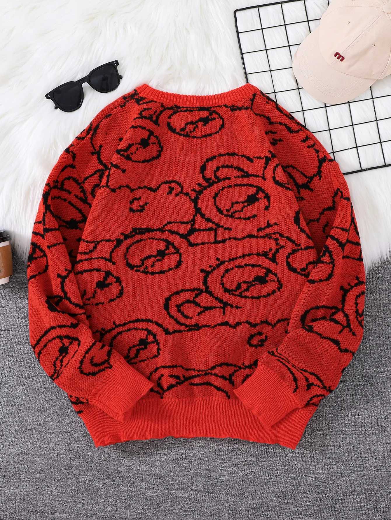 New Cartoon Crocodile Cute Pullover Sweater Casual Round Neck Contrast Color Knitted Mens Pullover J251029