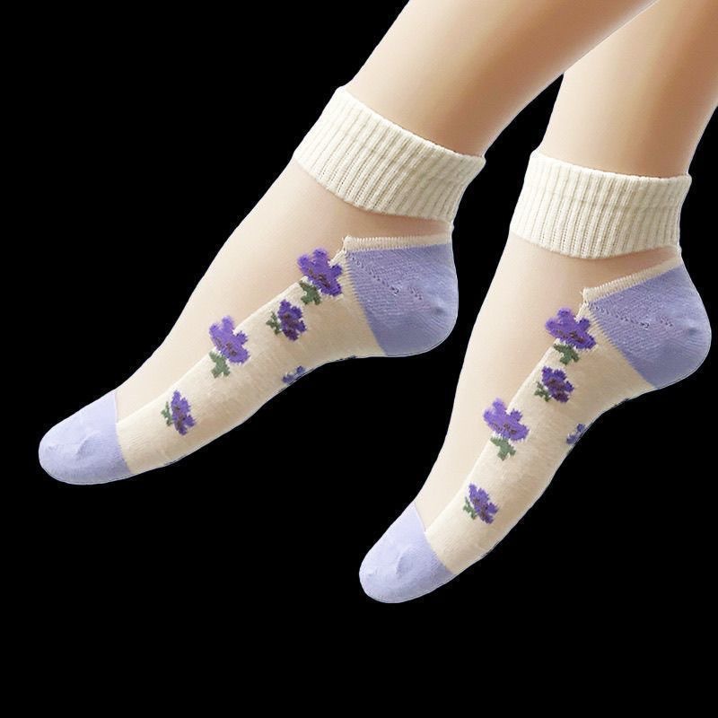 OC511001 Summer Thin Socks for Female Students Short Boat Socks Anti Hook Breathable Sweat Absorbing Sweet Plant Flower Pattern