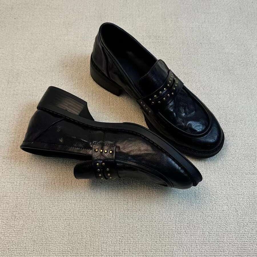 Cowhide Genuine Leather British Style Round Toe Studded Designer Shoe Pleated Slip-On Chunky Heel Black Loafers for Women