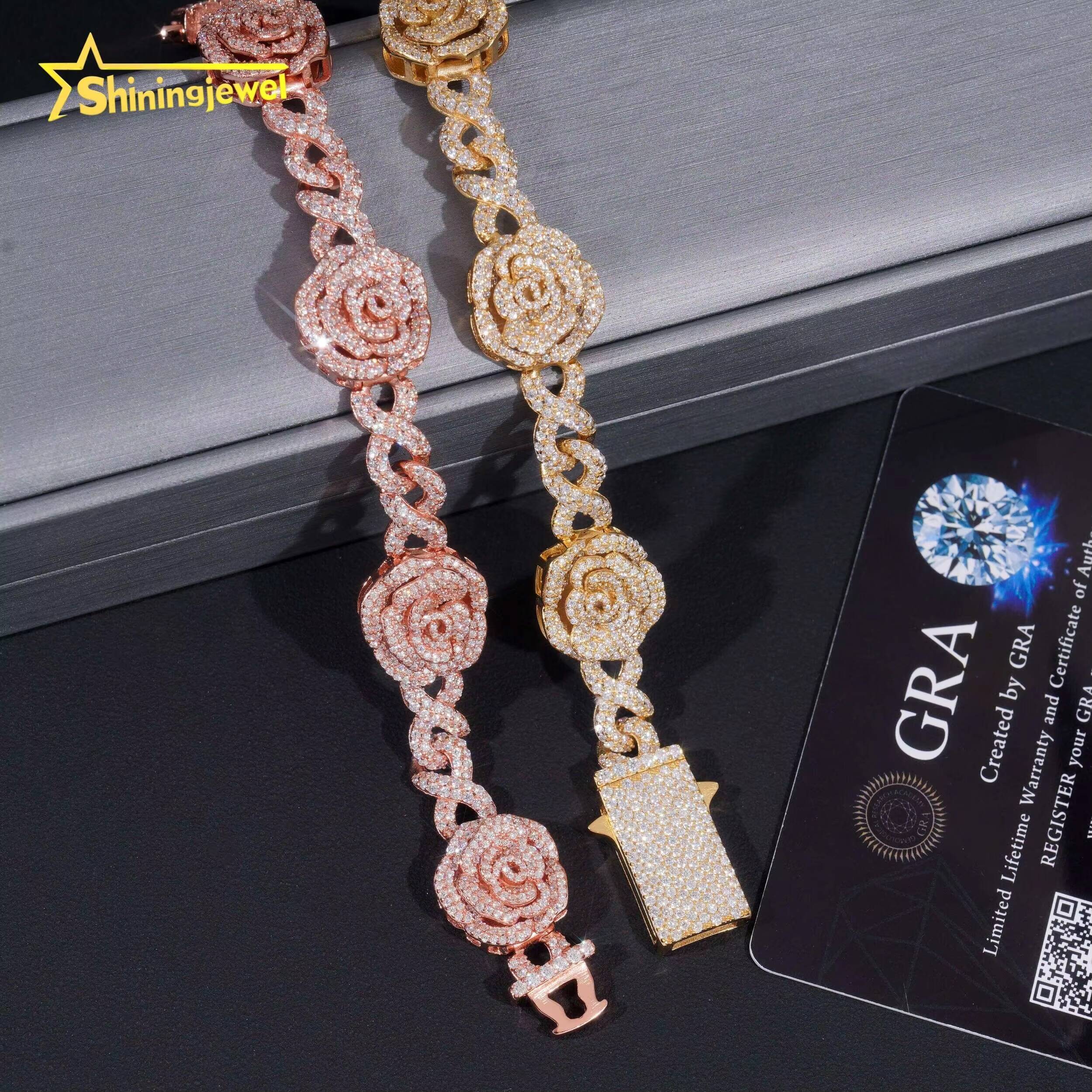 Hip Hop Jewelry Iced Out Infinity 925 Sterling Silver GRA Certificate 3D Rose Flower Moissanite Bracelet