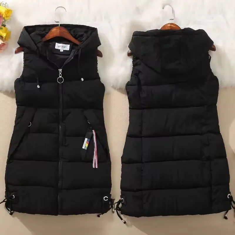 Autumn Winter Women Cotton Vest Jacket Midlength Puffer Sleeveless Parkas Coat Casual Pocket Hooded Waistcoat Female W 251027
