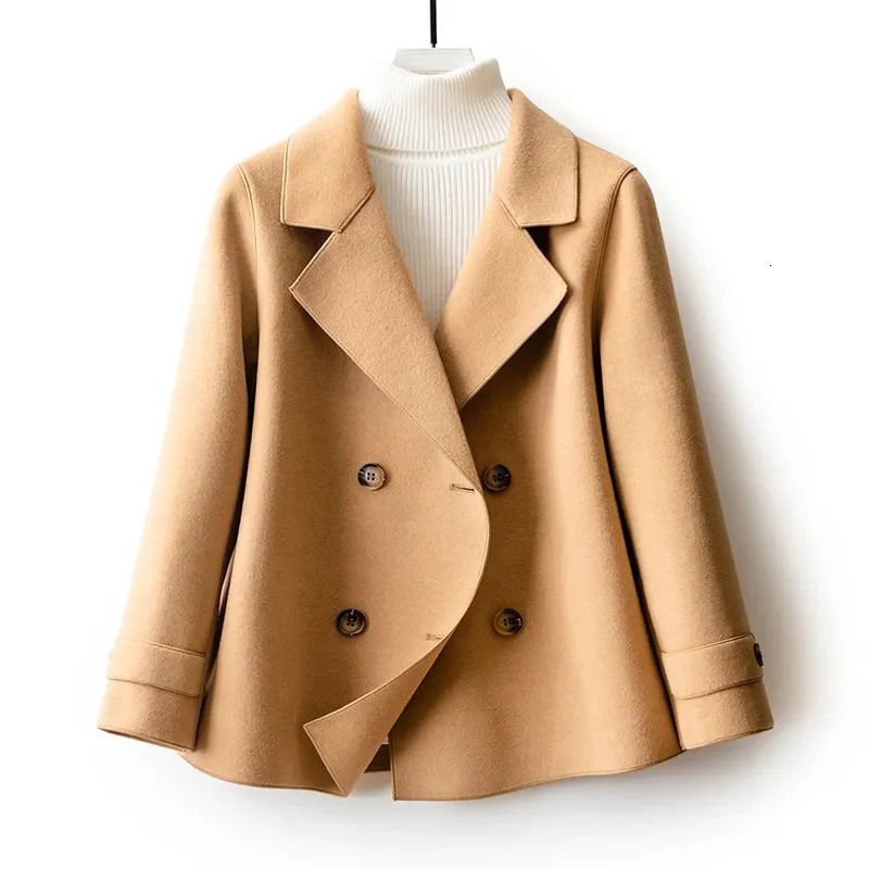 HighQuality DoubleSided Woolen Coat For Women 2025 Short Temperament Doll Neck Mothers Outfit Woolen Coat Female Red Came 251029