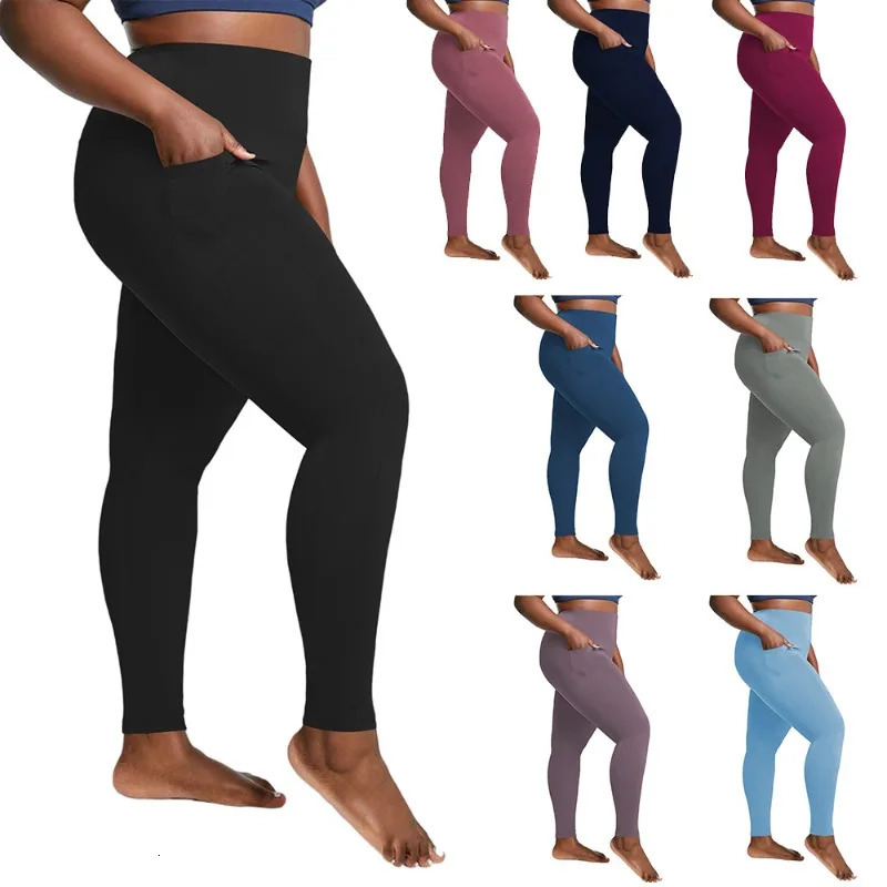 Womens Plus Size HighWaisted Yoga Leggings with Pockets Tummy Control HipHugging Workout Solid Colors Tights for Gym 251029