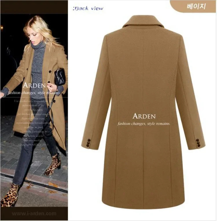 MidLength Woolen Womens Coat DoubleBreasted Woolen Coats Trench Solid Color Autumn Winter Warm Outwear 251029