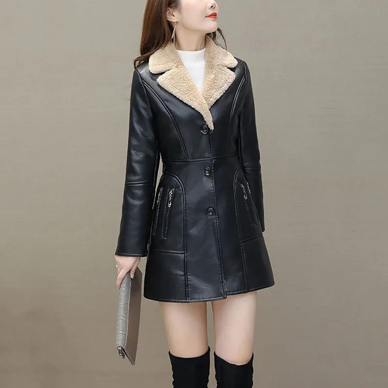 Womens Leather Windbreaker Plus Velvet Thick PU Leather Cotton Coat Long Suit Collar Large Size Fashion Warm Leather Jackets 251029