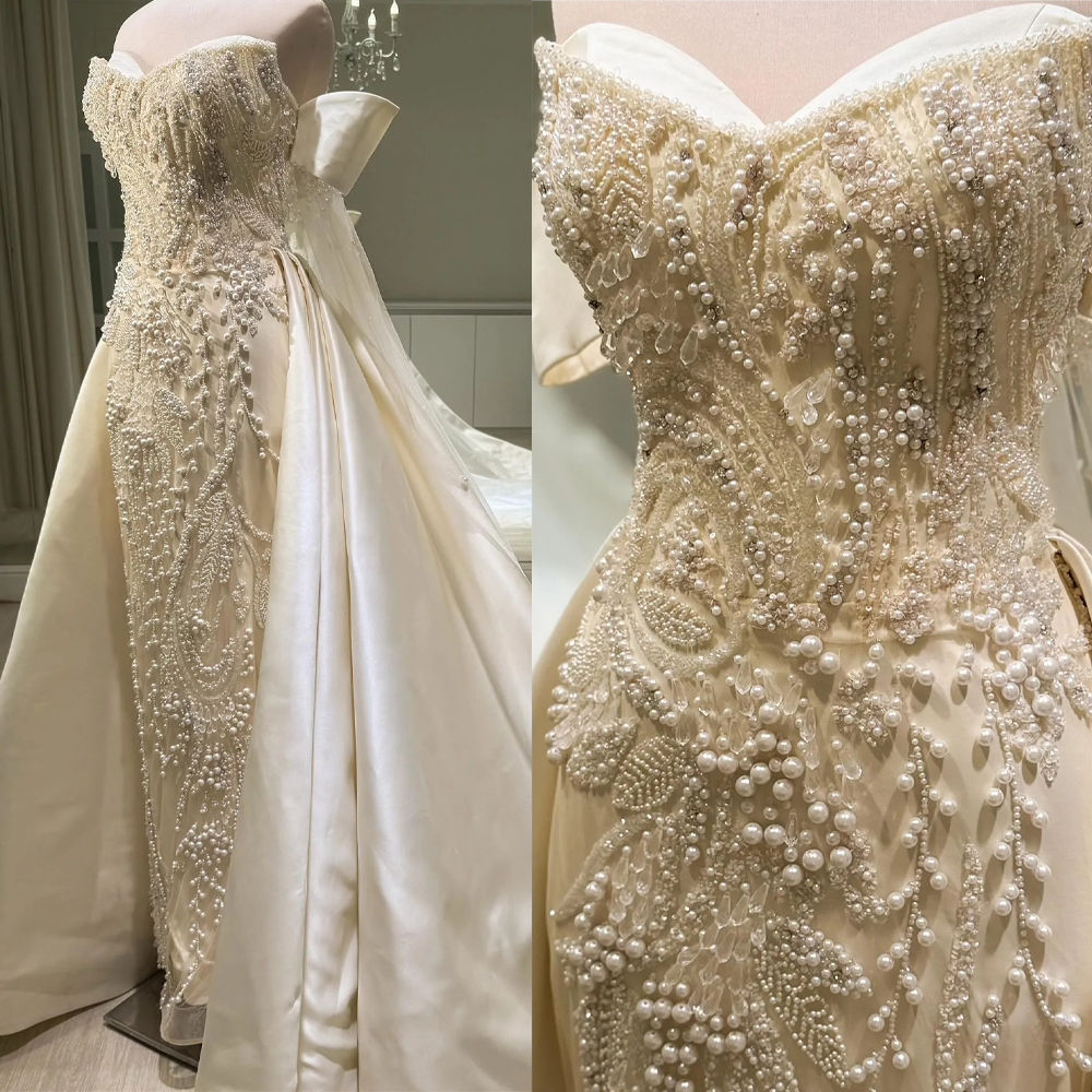 Gorgeous A Line Women Wedding Dress Sweetheart Neck Off Shoulder Bridal Gowns Crystal Pearls Detachable Train Dress Custom Made vestidos de novia