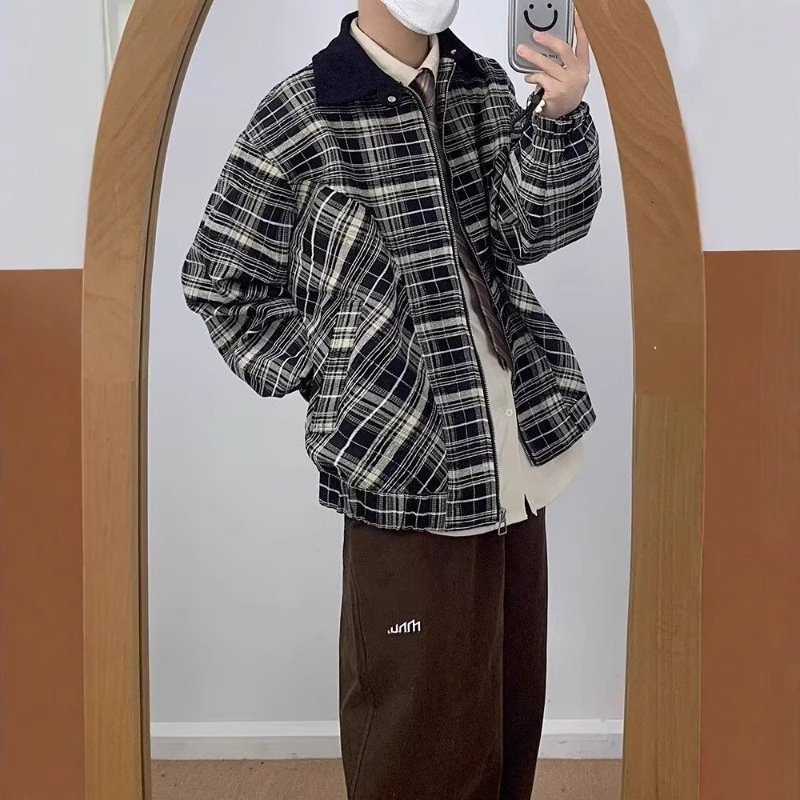 Spring Designer Jacket And Autumn American Style Pilot Short Plaid Jacket Men's Trendy Korean Version Loose Cool Turn-down Collar Workwear Jacket