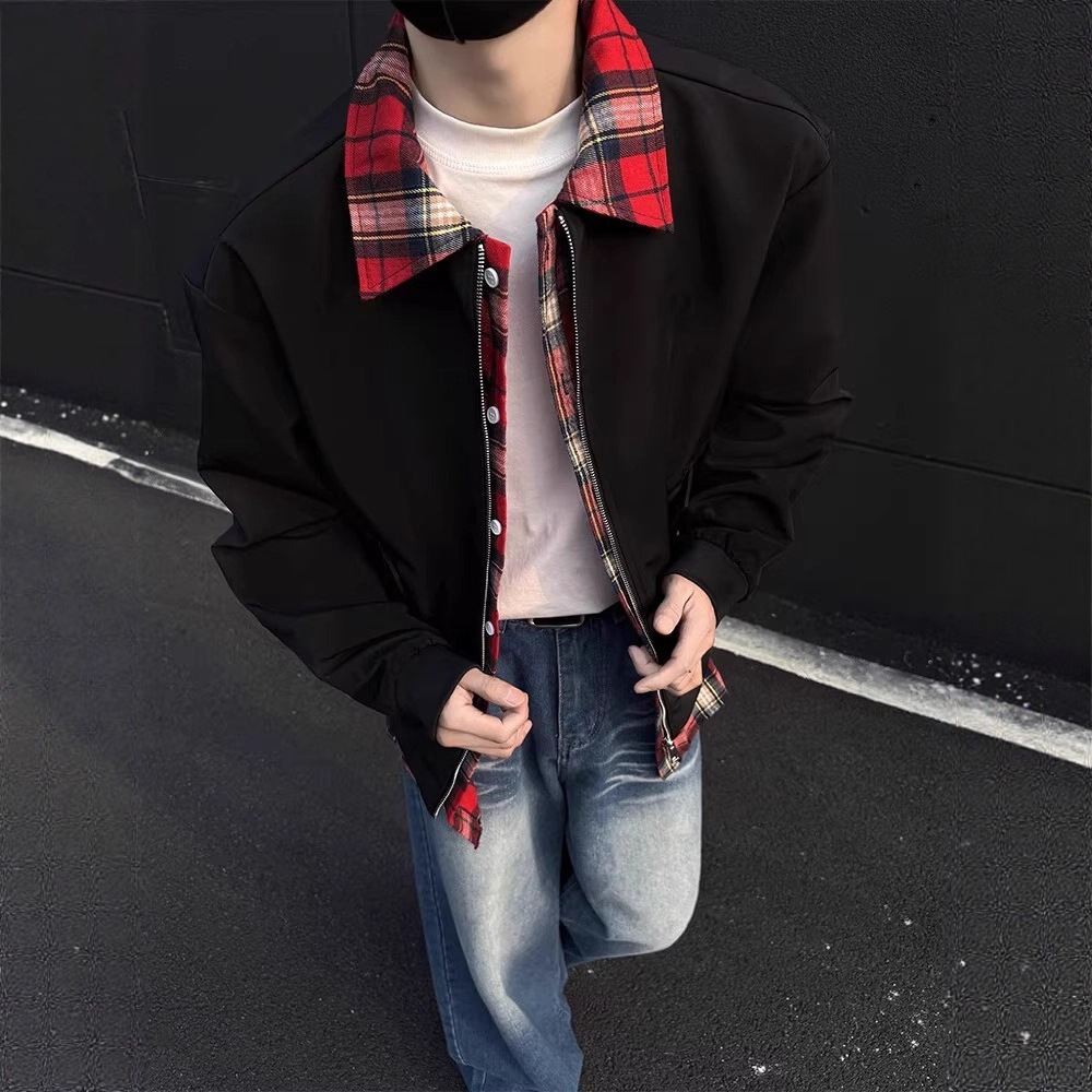 Unique Plaid Designer Jacket Turn-down Collar Fake Two-piece Jacket Unisex American Street Style Loose Casual Couple Coat Trendy