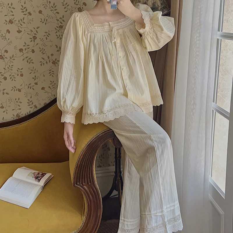 Fairy Women Pure Cotton Pajamas Princess Sleepwear Nightwear Autumn Winter Apricot Loungewear Sweet Tops Pants Two Piece SetsT251029