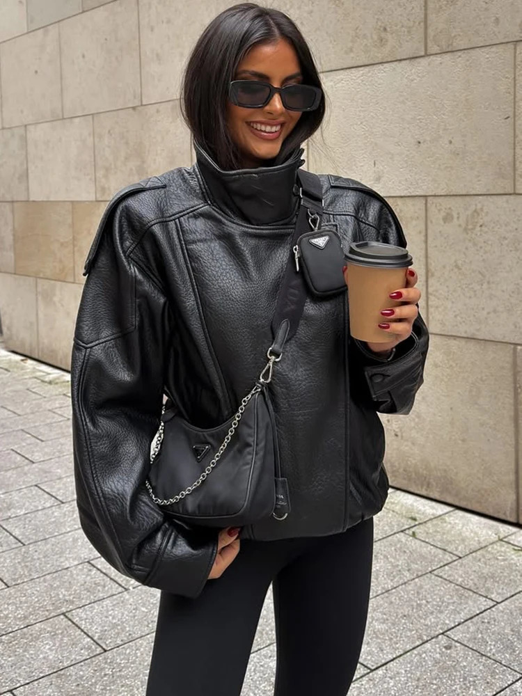 Trendix Solid Leather Moto Jacket For Women 2025 Winter Turtleneck Retro Coats Fashion Asymmetry Elegant Vintage PU Jackets 251029