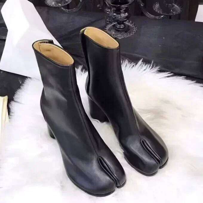 Brand Design Leather Tabi Fashion Round Chunky High Heel Ankle Boots For Women Autumn Winter Split Toe Shoes