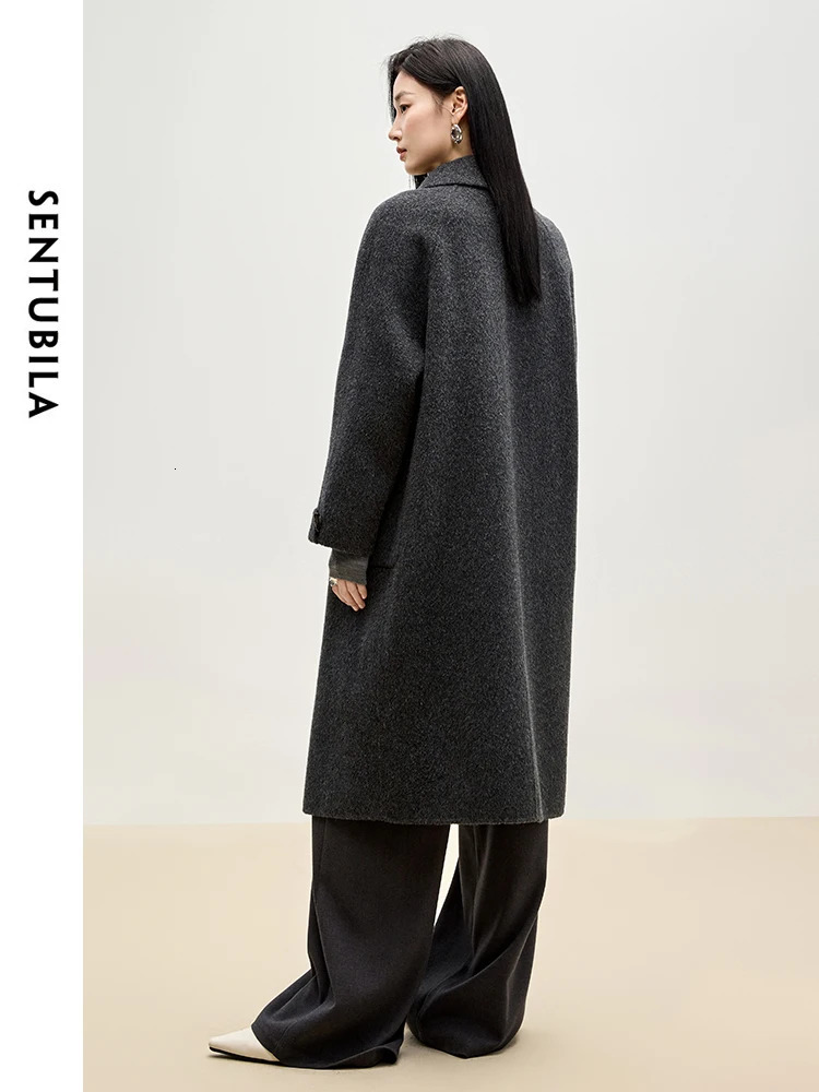 SENTUBILA Womens Long Coat 100 Wool Winter Elegant Outerwears Bull Horn Buckle Big Pockets Warm Woman Overcoat W44O55978 251028
