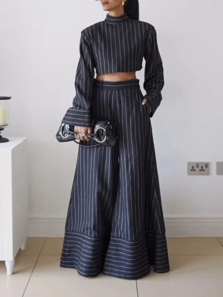Gymystars Fall Women Striped Pants Sets Fashion Long Sleeves High Neck Blouses Loose Wide Leg Trousers Female Overalls 251028