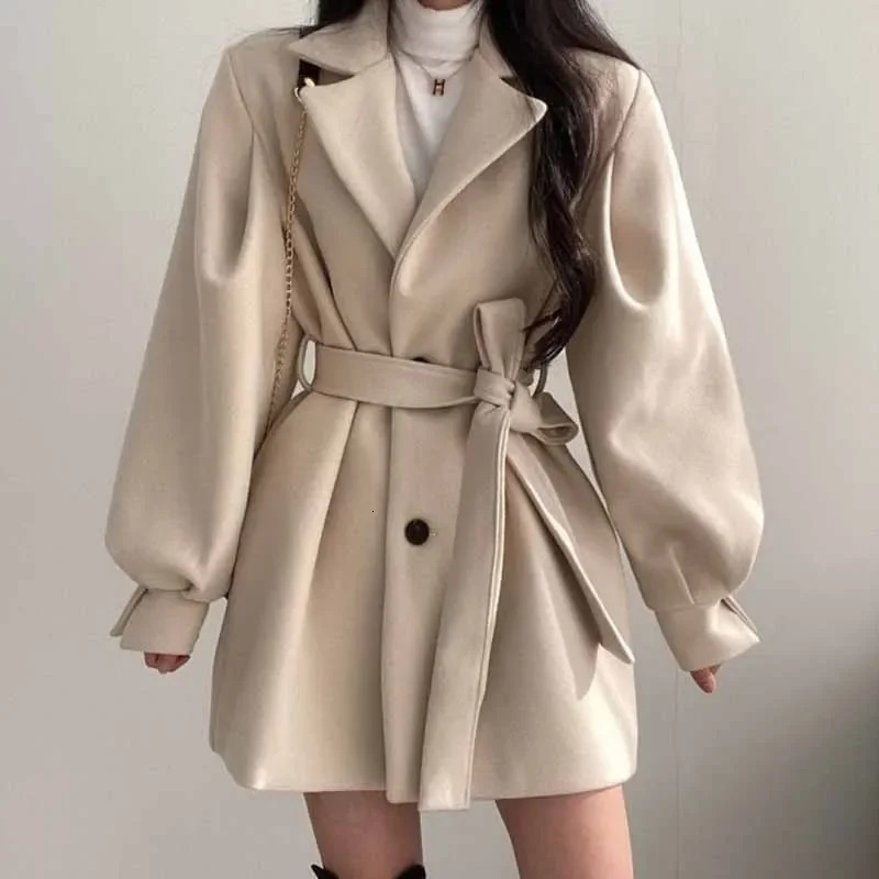 Smvp Button Laceup Woolen Coat For Women Elegant Solid Pocket Short Trench Jacket Autumn Winter Warm High Street Outwear 251029