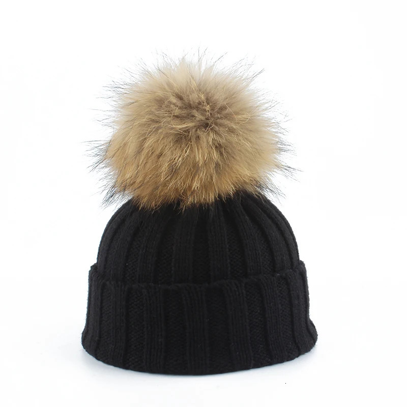 Big Fur Pom pom Beanie Hat Parent Kids Warm Knitted Winter Hats Baby Girls Boys Real Raccoon Fur pompom Beanies Cap 251029