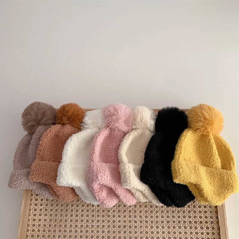 Winter Warm Baby Ear Protection Hat Solid Color Coral Velvet Kids Pompom Beanies Bonnet Plush Ball Children Earmuffs Cap 27year251028