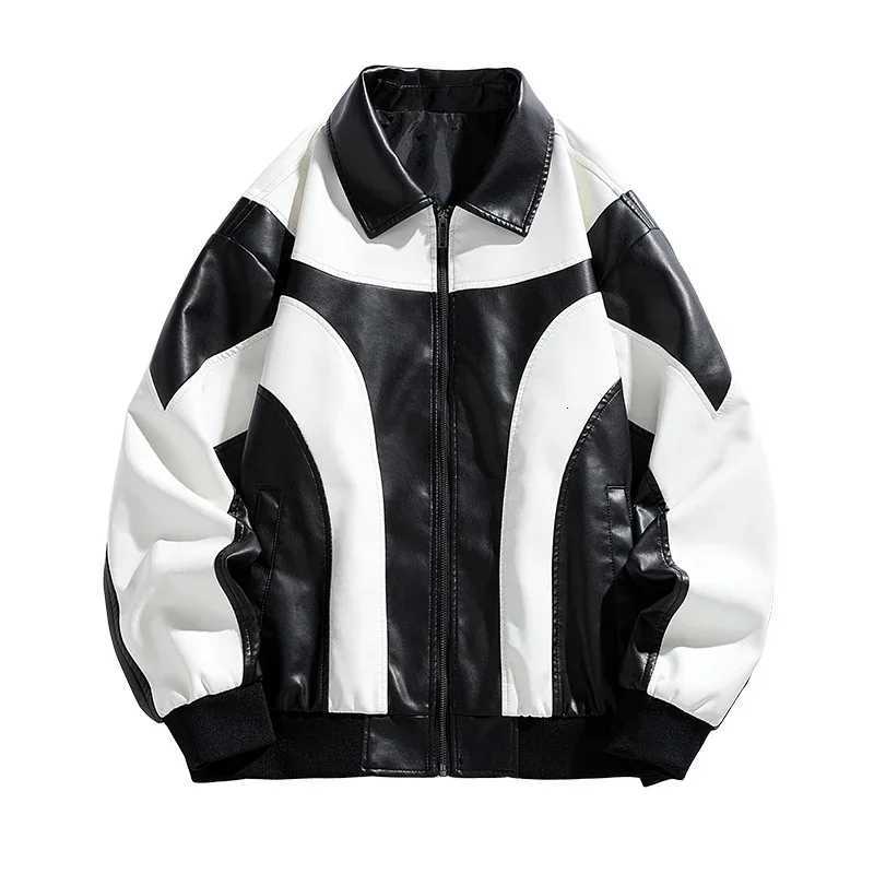 Hip Hop Style Leather Jacket Blackwhite Fashionable Versatile Lapel Windproof mountain PU Coat Casual Outdoor Mens ClothingT251029
