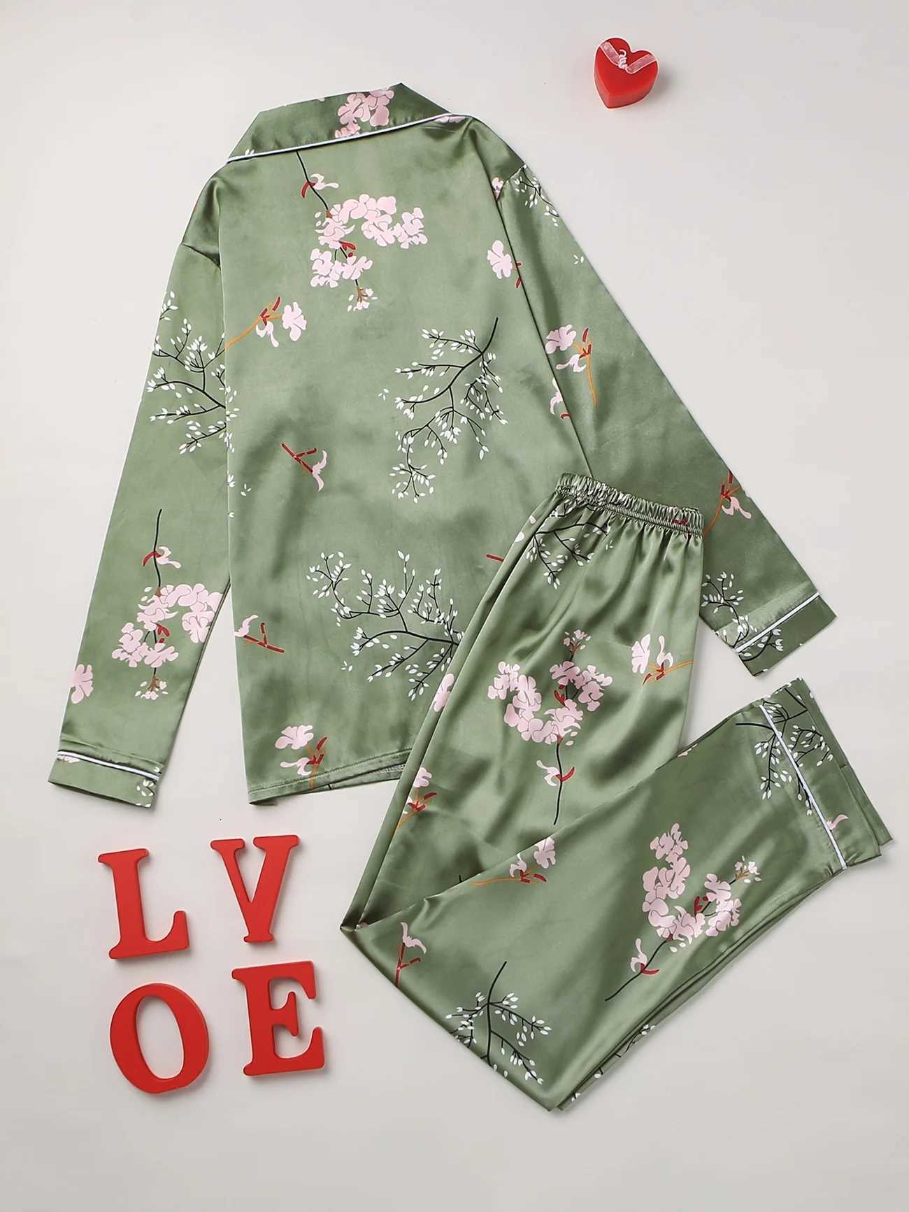 Elegant Floral Print Pajama Set Long Sleeve Blouse Top Elastic Waistband Pants Womens Sleepwear LoungewearT251029