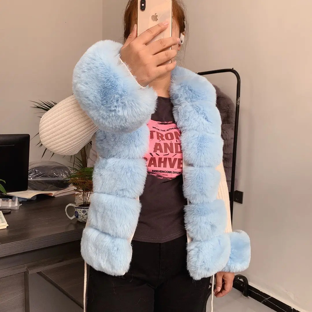 Women Faux Fur Knit Sweater cardigan Spring Autumn elegant Knitted sweater with faux fox fur collar Ladies Fashion Coat coat 251028