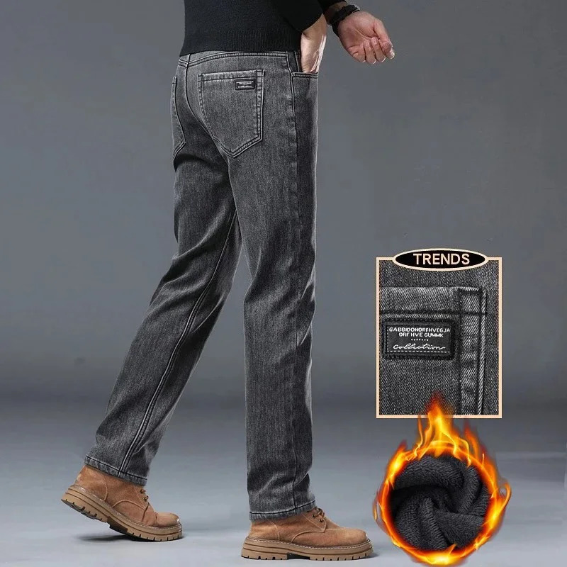Winter Warm Jeans Mens Slim Straight Elastic Denim Pants Casual Male Clothing Fashion Plush Trousers Fashion Jeans 251029