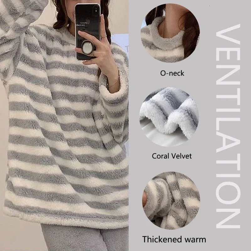 2PCSSet Padded Thickened Warm Fall and Winter LongSleeved Soft Pajamas Women Flannel Outside Striped Homewear Large 251029