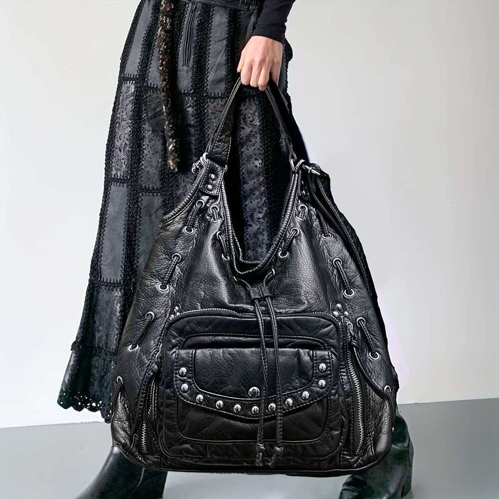 Large Capacity Crossbody Retro Purse With Multiple Zippered Pockets, Detachable Strap Edgy Gothic Handbag Women, Vegan Synthetic Leather