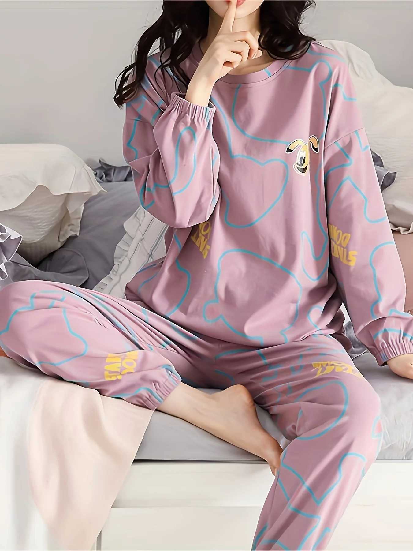 Womens AutumnWinter Pajama Set Long Sleeve Long Pants with Crew Neck Pullover TopT251029