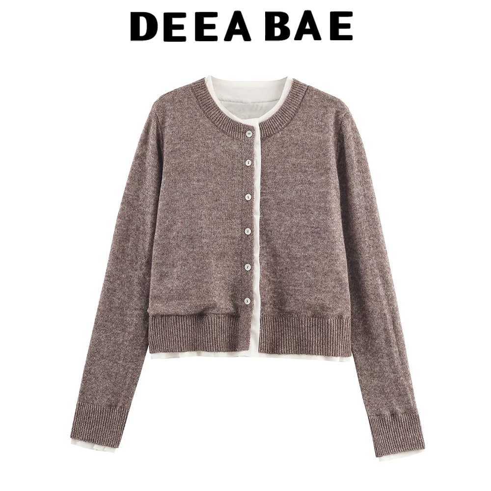 DEEABAE Korean version unique and super beautiful contrasting color round neck fake two short knitted sweaters cardigan jacketT251028