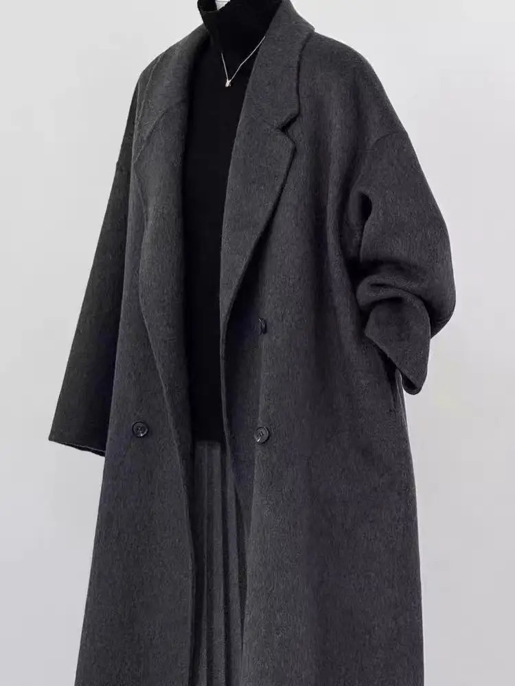 Dark Gray DoubleSided Woolen Coat For Women In Autumn And Winter Hepburn Style HighEnd Mid Length Jacket 251028