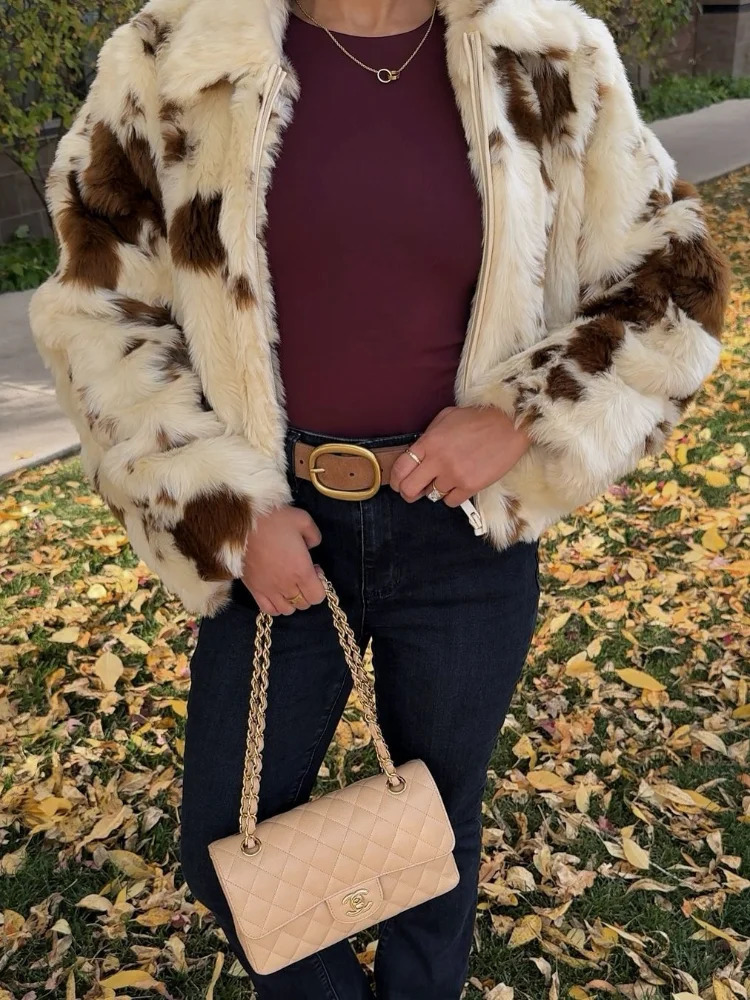 Faux Fur Contrast Women Coat 2025 Lapel Zipper Long Sleeve Female Coats Vintage Autumn Winter Pocket Thicken Warm Lady Outwear 251029