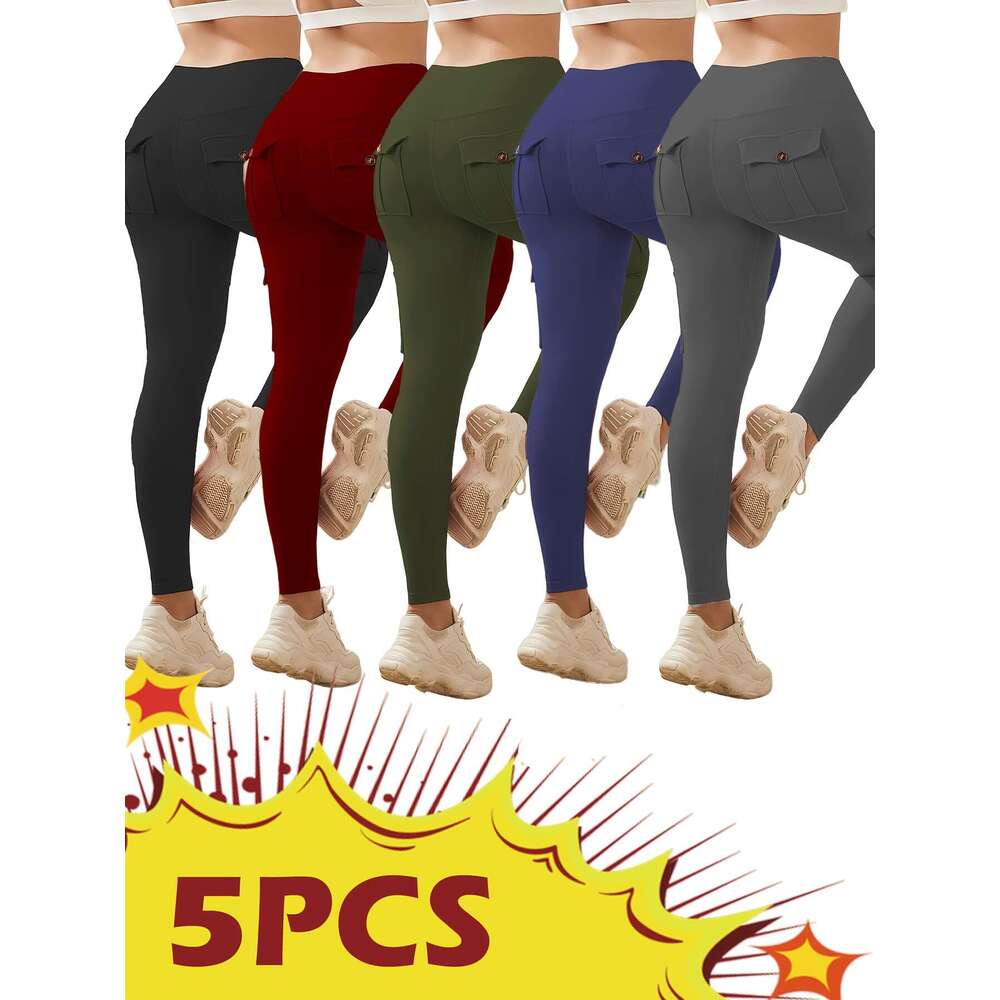 5-Packs High Waist With Button Pockets, Multipack Butt Lifting Tummy Control Workout Running 4 Way Stretch Cargo Sports Pants, 5pcs Leggings Set, Yoga