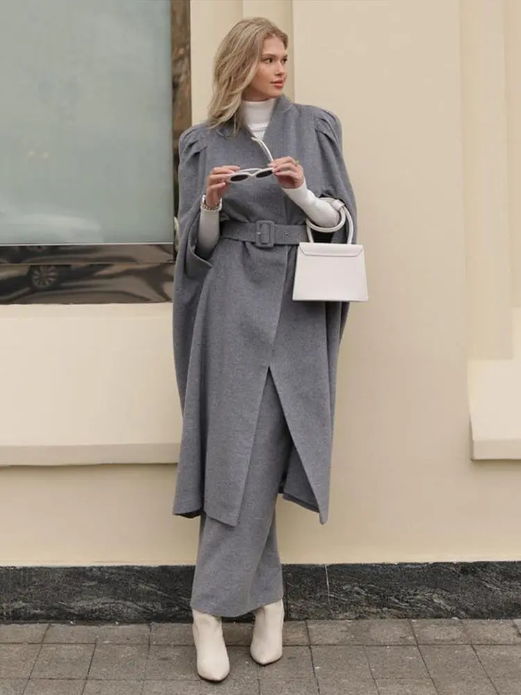 Elegant Belt Long Cloak Woolen Coat Woman Shoulder Pleats Solid Color VNeck Chic Coats Fashion Womens Warm Commute 251028