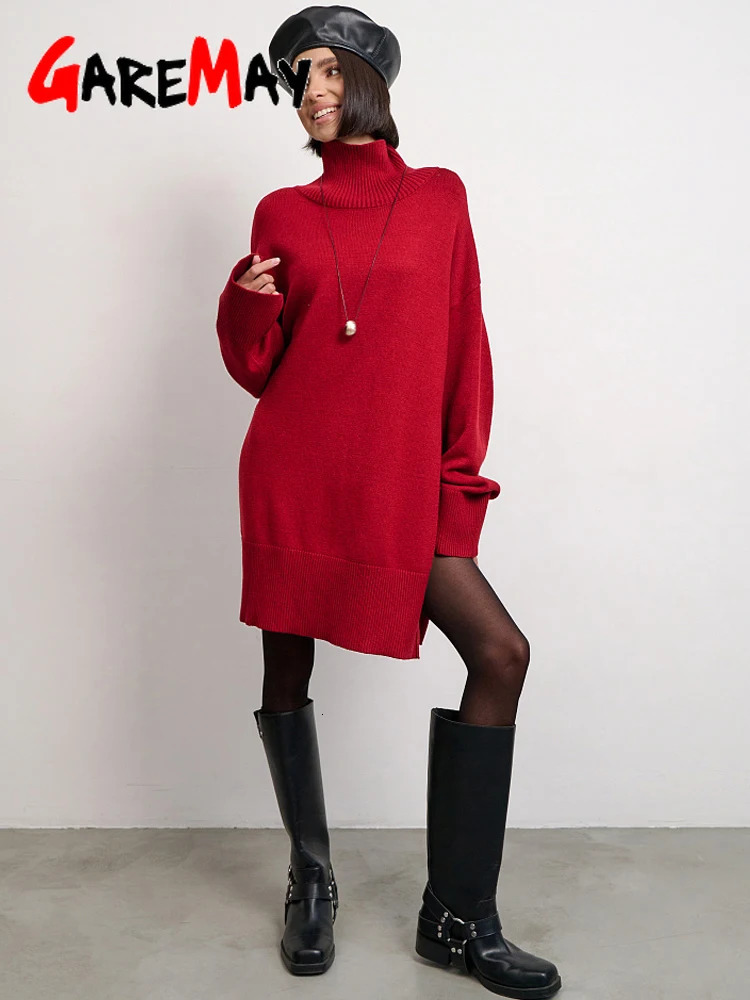 Winter Womens Knitted Dress Autumn To The Knee Short Warm Knitted Dress with Slit Brown Sweater White Dress for Women 251029