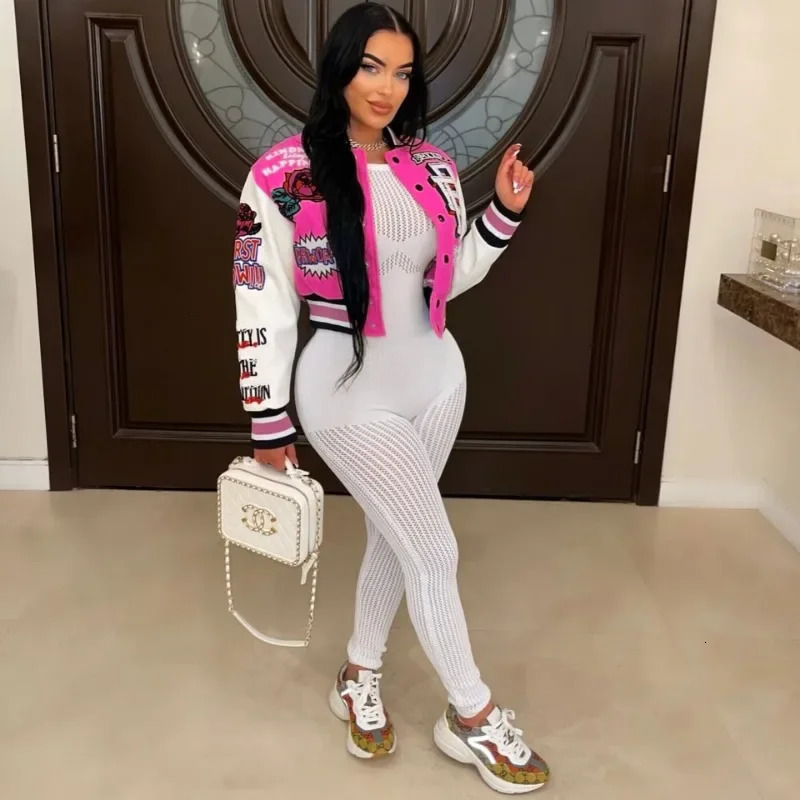 Letter Print Color Patchwork Woolen Varsity Jacket Women Long Sleeve Single Breasted Short Baseball Coat Casual Sporty Outwear 251029