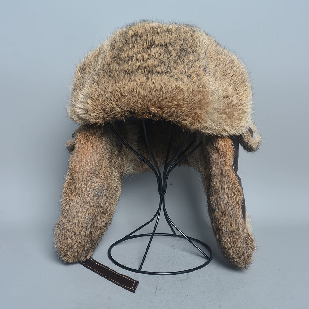 Winter Men 100 Natural Rabbit Fur Bomber Hat Genuine Sheepskin Leather Cap Men Outdoor Windproof Super Warm Rabbit Fur Caps 251029