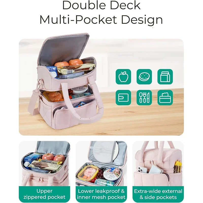 largecapacity portable lunch bag lightweight doublelayer quilted insulation bag nylon lunch box with padded shoulder strap 251029