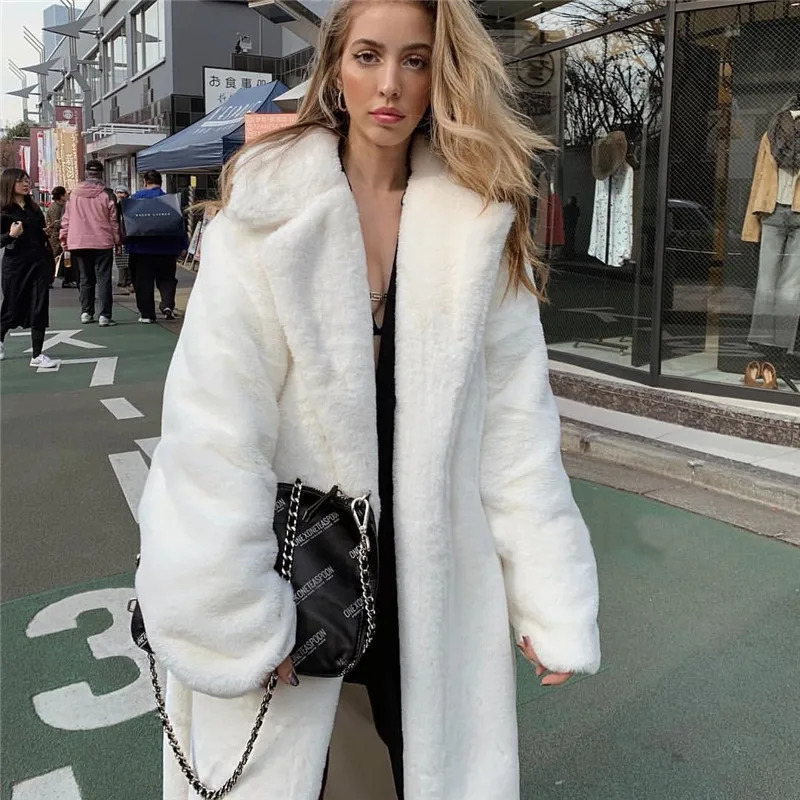 Long Faux Fur Coat Women Long White Fluffy Warm Maxi Coat Hood Lapel Sashes Loose High Waist Jackets 2025 Outerwear Jacket 251029