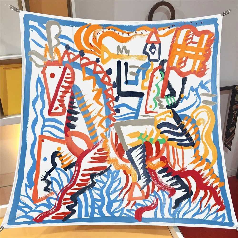 HandPainted Graffiti Horse Womens Versatile Sunscreen Shawl Large Square Scarf Shoulder Wrap Fashionable Autumn New ArrivalW251029